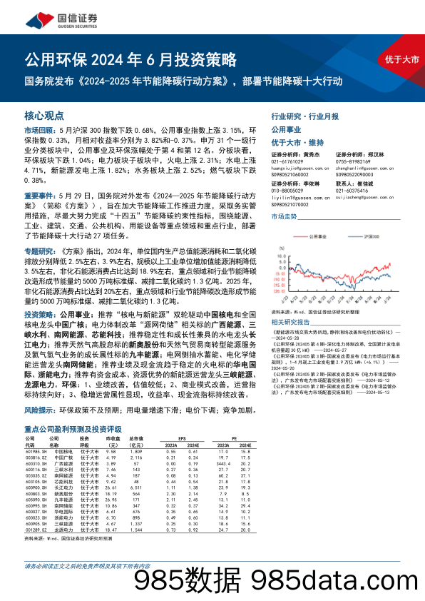 公用环保行业2024年6月投资策略：国务院发布《2024-2025年节能降碳行动方案》，部署节能降碳十大行动-240603-国信证券