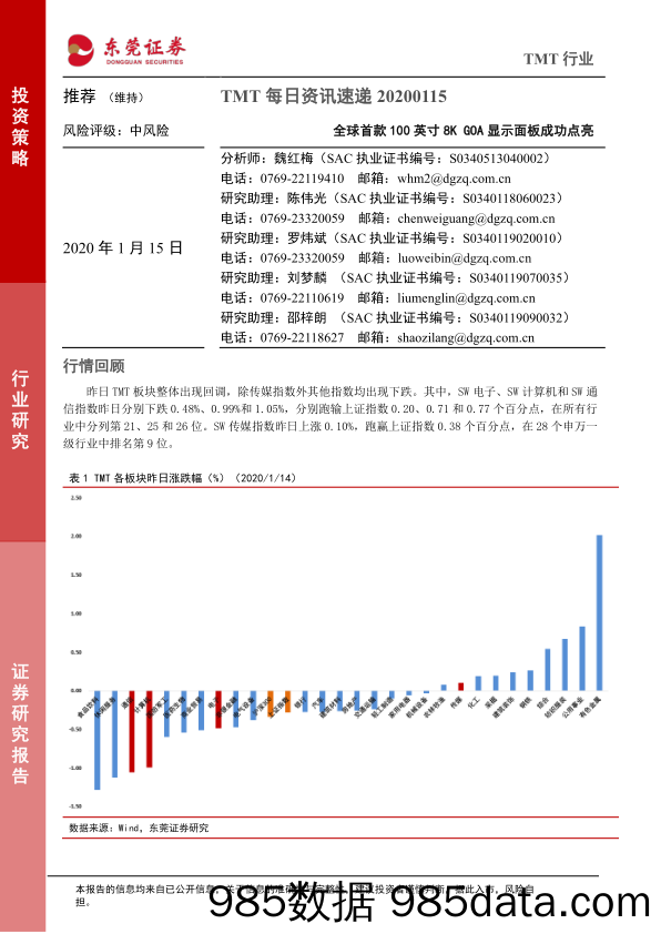 2020-01-15_策略报告_TMT每日资讯速递：全球首款100英寸8KGOA显示面板成功点亮_东莞证券