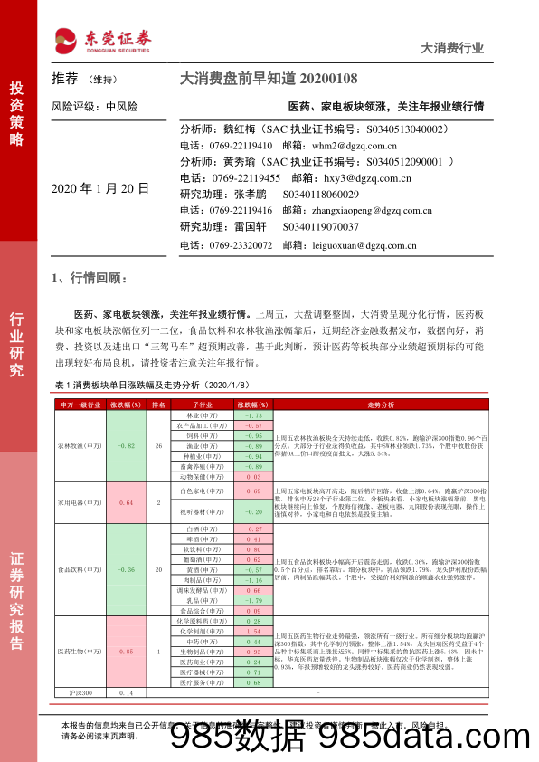 2020-01-20_策略报告_大消费盘前早知道：医药、家电板块领涨，关注年报业绩行情_东莞证券