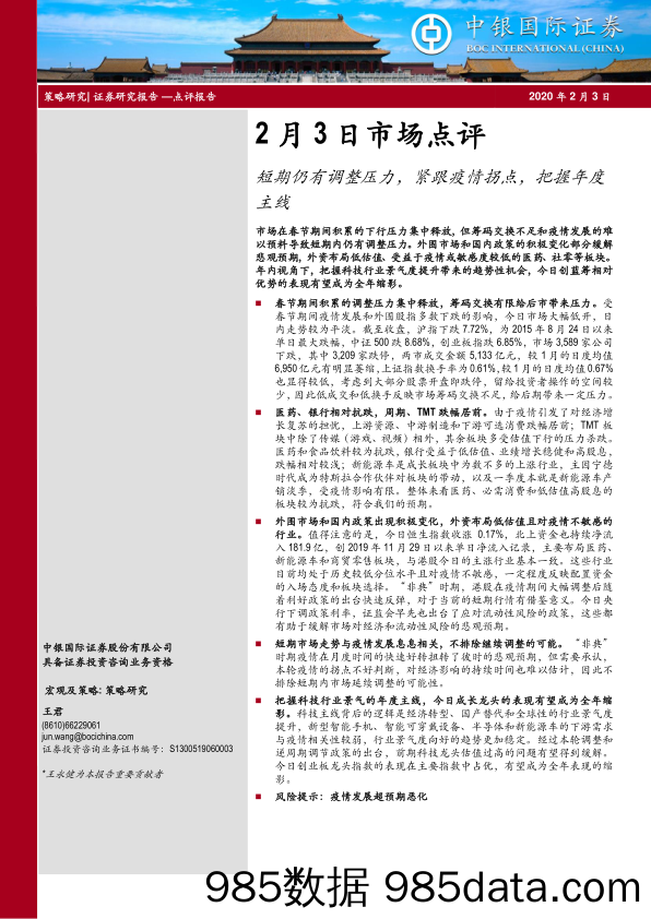 2020-02-10_策略报告_2月3日市场点评：短期仍有调整压力，紧跟疫情拐点，把握年度主线_中银国际证券