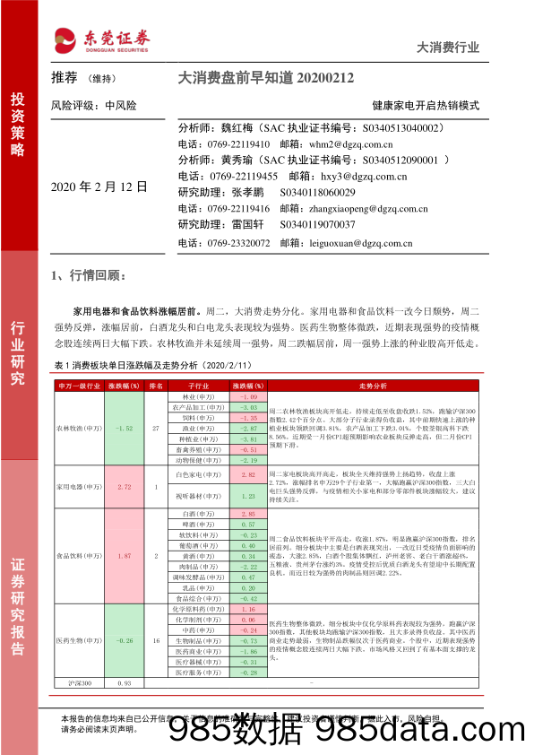 2020-02-12_策略报告_大消费盘前早知道：健康家电开启热销模式_东莞证券