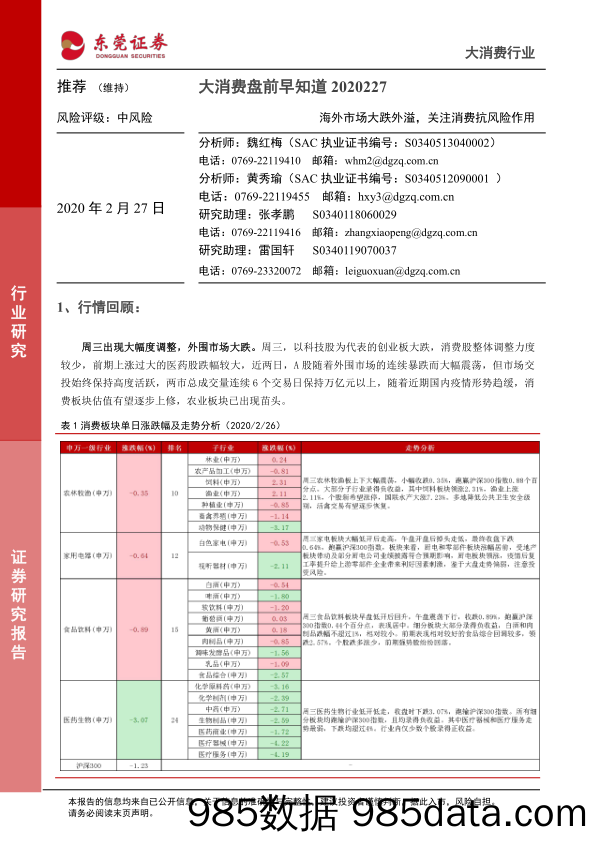 2020-02-27_策略报告_大消费盘前早知道：海外市场大跌外溢，关注消费抗风险作用_东莞证券