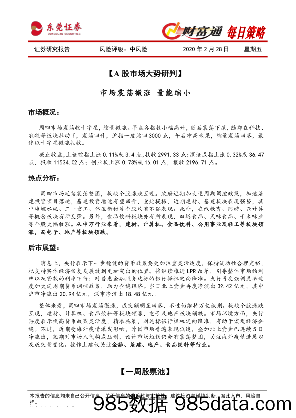 2020-02-28_策略报告_财富通每日策略_东莞证券