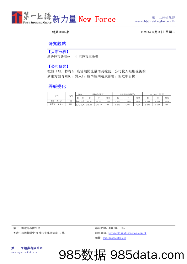 2020-03-04_策略报告_新力量New Force总第3505期_第一上海证券