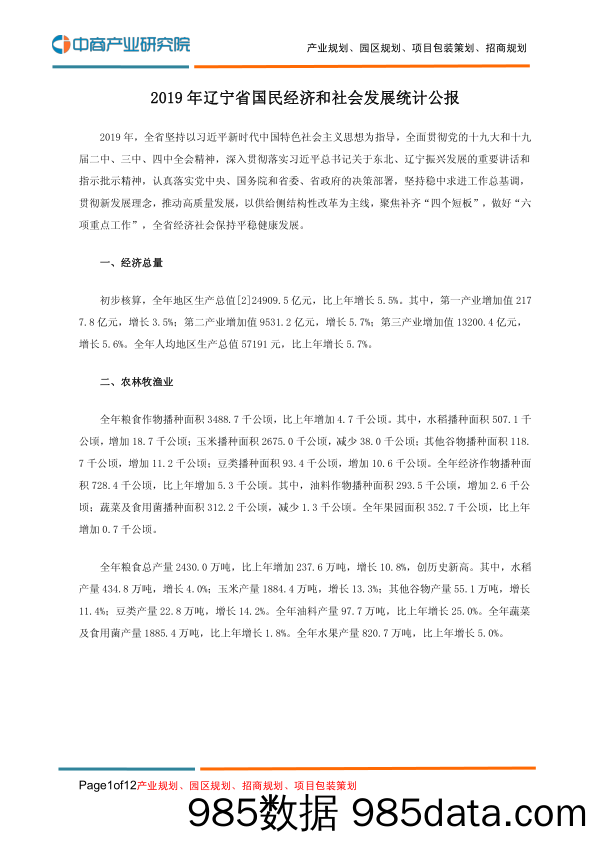 2020-03-04_策略报告_2019年辽宁省国民经济和社会发展统计公报_中商产业研究院