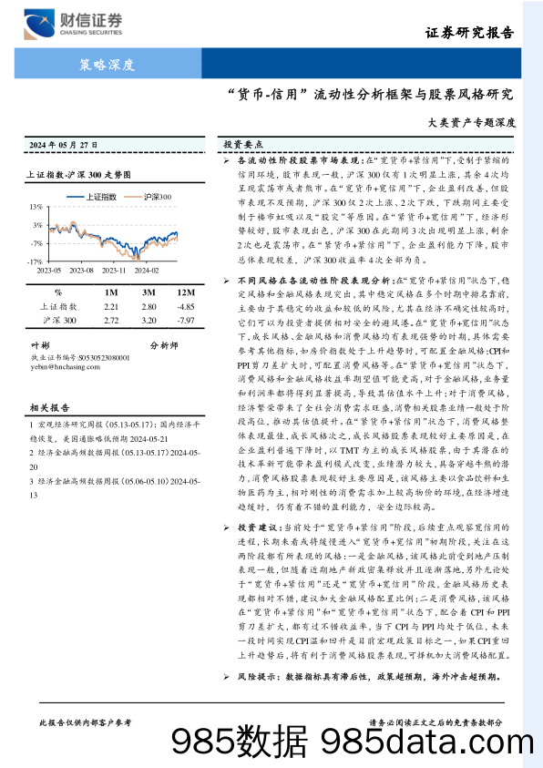 大类资产专题深度：“货币-信用”流动性分析框架与股票风格研究-240527-财信证券