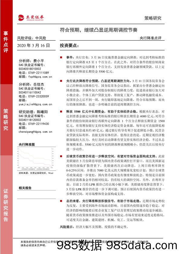 2020-03-16_策略报告_央行降准点评：符合预期，继续凸显逆周期调控节奏_东莞证券