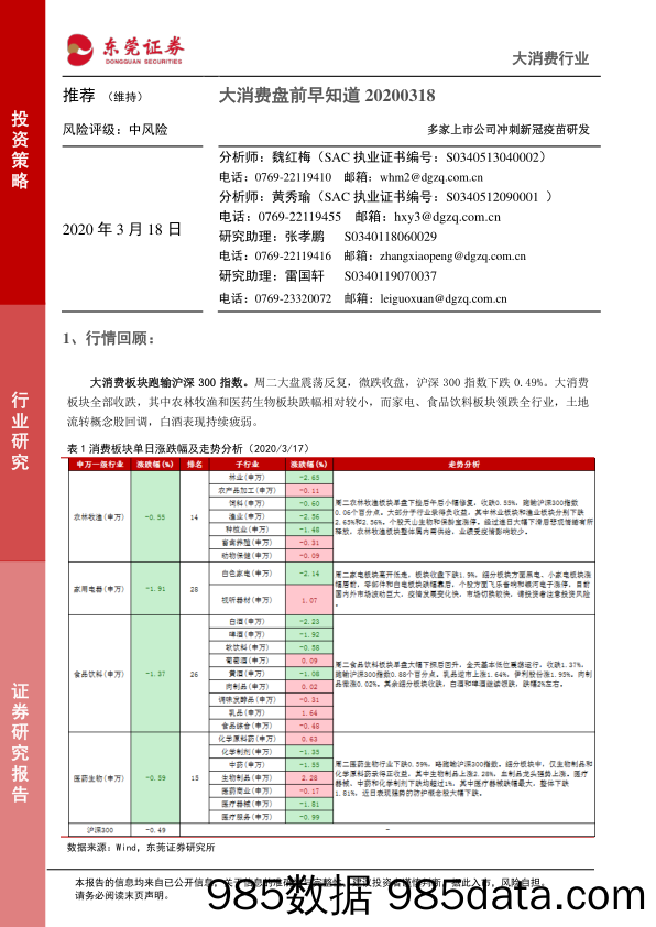 2020-03-18_策略报告_大消费盘前早知道：多家上市公司冲刺新冠疫苗研发_东莞证券