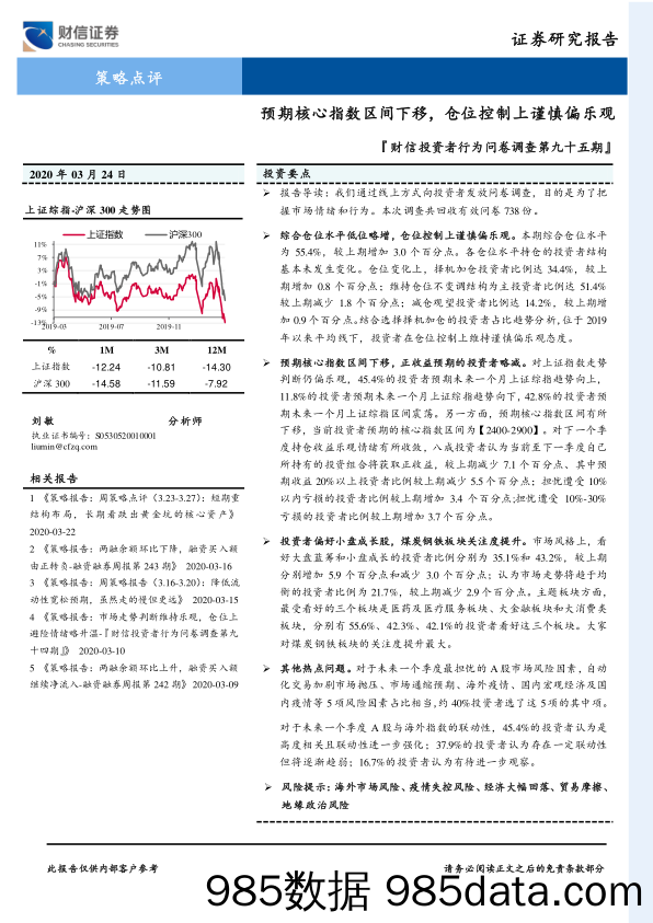 2020-03-24_策略报告_『财信投资者行为问卷调查第九十五期』：预期核心指数区间下移，仓位控制上谨慎偏乐观_财信证券插图