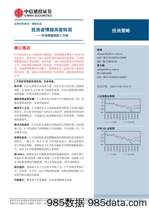 市场情绪跟踪5月报：投资者情绪再度转弱-240601-中信建投