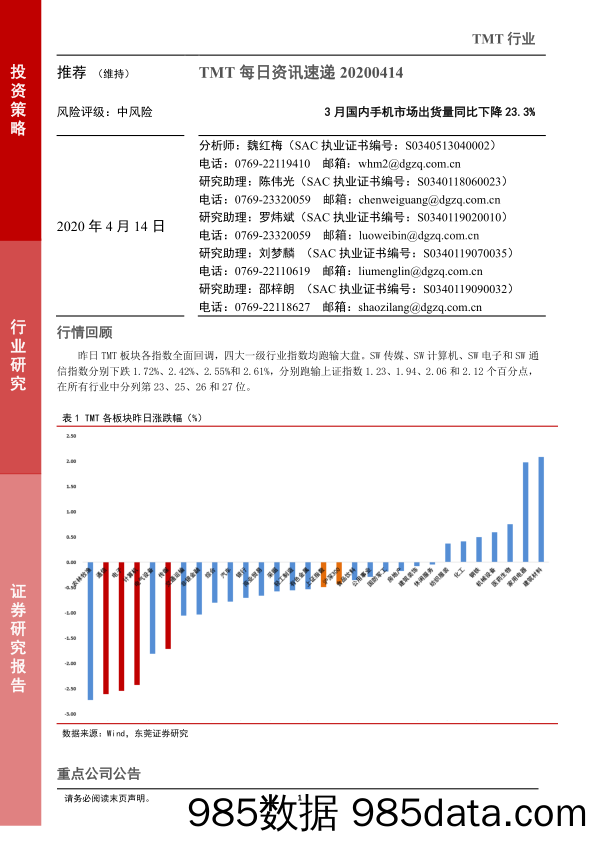 2020-04-14_策略报告_TMT每日资讯速递：3月国内手机市场出货量同比下降23.3%_东莞证券