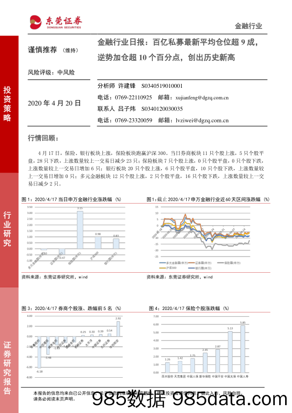 2020-04-20_策略报告_金融行业日报：百亿私募最新平均仓位超9成，逆势加仓超10个百分点，创出历史新高_东莞证券