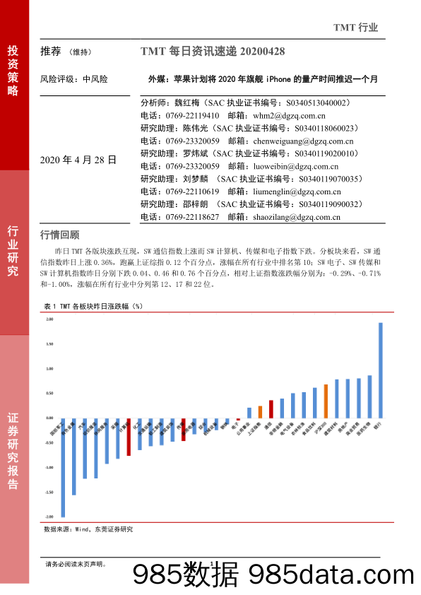 2020-04-28_策略报告_TMT每日资讯速递：外媒：苹果计划将2020年旗舰iPhone的量产时间推迟一个月_东莞证券