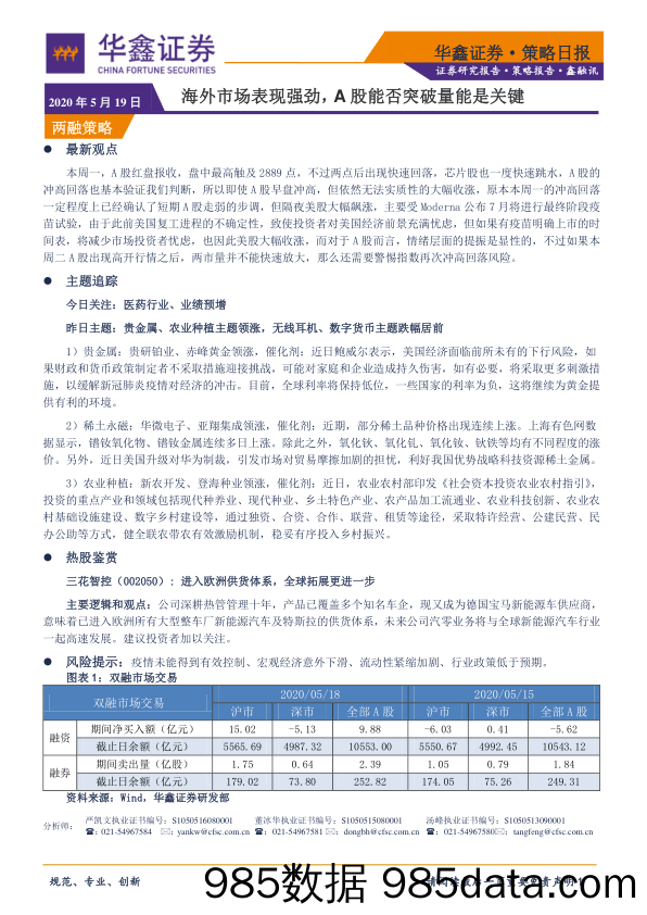 2020-05-19_策略报告_策略日报：海外市场表现强劲，A股能否突破量能是关键_华鑫证券