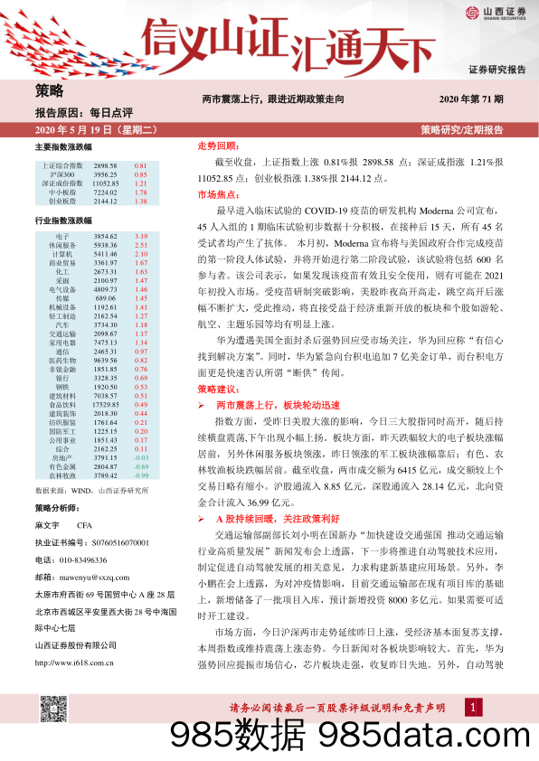 2020-05-19_策略报告_每日点评2020年第71期：两市震荡上行，跟进近期政策走向_山西证券