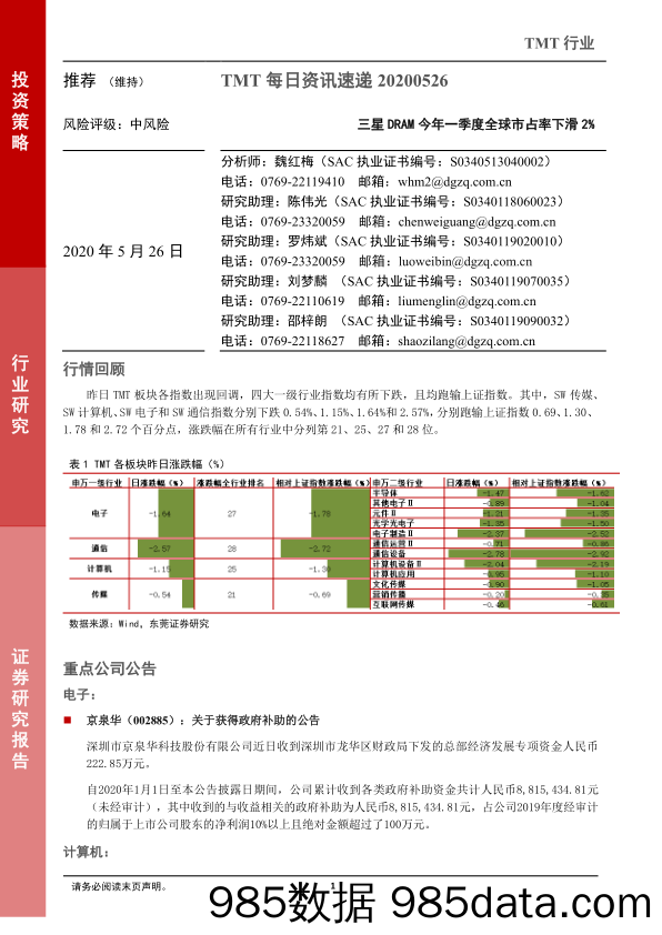 2020-05-26_策略报告_TMT每日资讯速递：三星DRAM今年一季度全球市占率下滑2%_东莞证券