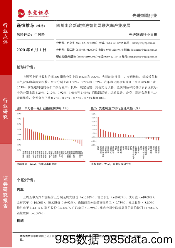 2020-06-01_策略报告_先进制造行业日报：四川出台新政推进智能网联汽车产业发展_东莞证券