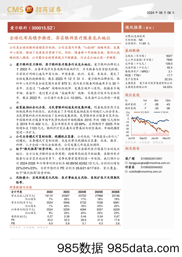 爱尔眼科(300015)全球化布局稳步推进，夯实眼科医疗服务龙头地位-240606-招商证券