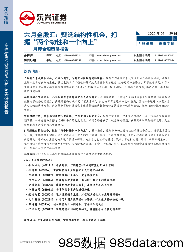 2020-06-02_策略报告_六月金股汇：甄选结构性机会，把握“两个韧性和一个向上”_东兴证券