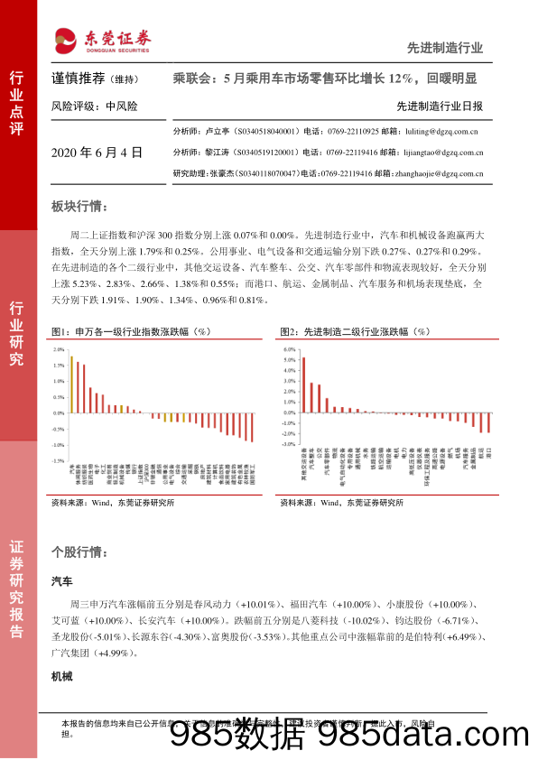 2020-06-04_策略报告_先进制造行业日报：乘联会：5月乘用车市场零售环比增长12%，回暖明显_东莞证券