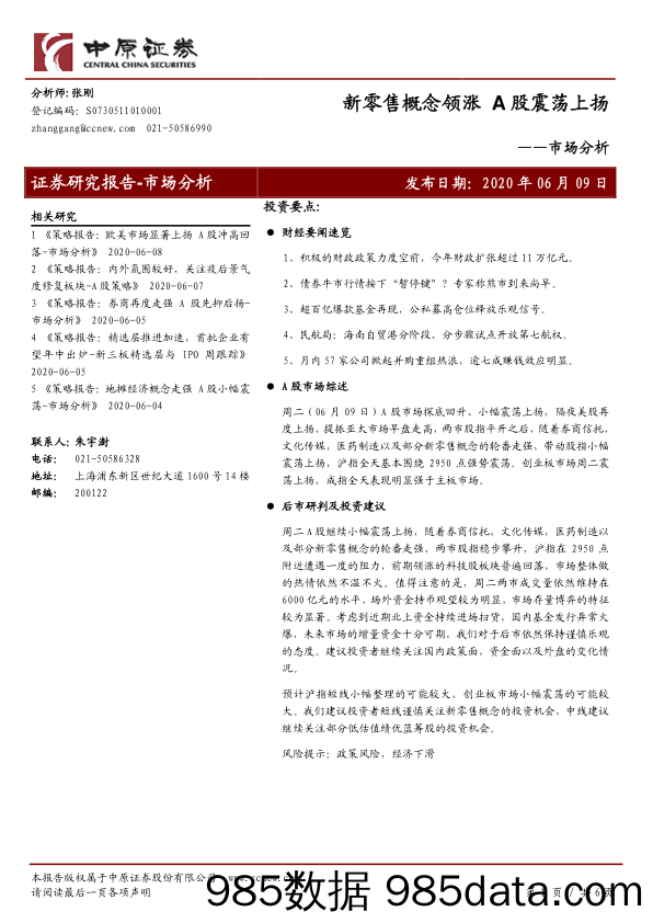 2020-06-10_策略报告_市场分析：新零售概念领涨 A股震荡上扬_中原证券