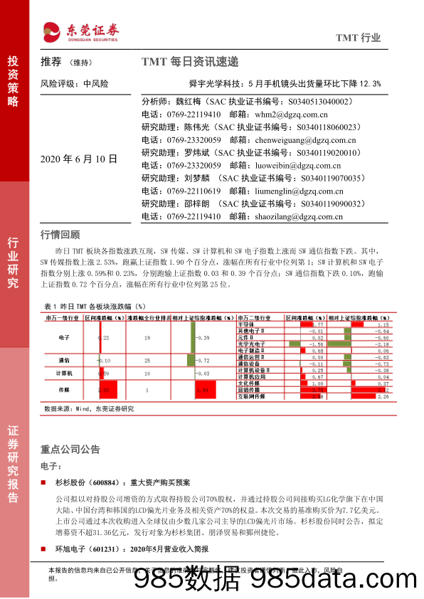 2020-06-10_策略报告_TMT每日资讯速递：舜宇光学科技：5月手机镜头出货量环比下降12.3%_东莞证券