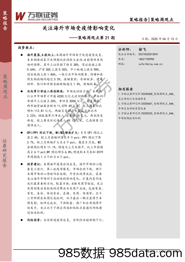 2020-06-16_策略报告_策略周观点第21期：关注海外市场受疫情影响变化_万联证券