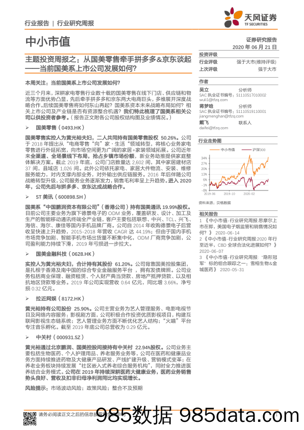 2020-06-22_策略报告_中小市值行业研究周报：主题投资周报之：从国美零售牵手拼多多&京东谈起——当前国美系上市公司发展如何？_天风证券