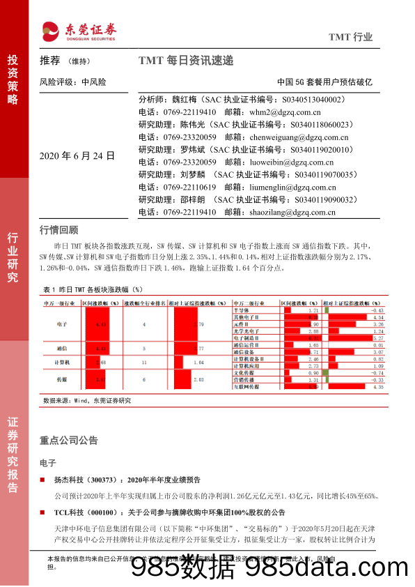 2020-06-24_策略报告_TMT每日资讯速递：中国5G套餐用户预估破亿_东莞证券