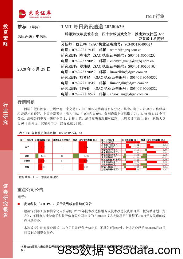 2020-06-29_策略报告_TMT每日资讯速递：腾讯游戏年度发布会：四十余款游戏之外，推出游戏社区App及首款主机游戏_东莞证券