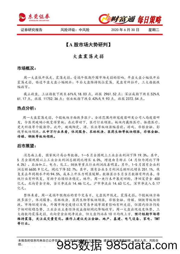 2020-06-30_策略报告_财富通每日策略_东莞证券