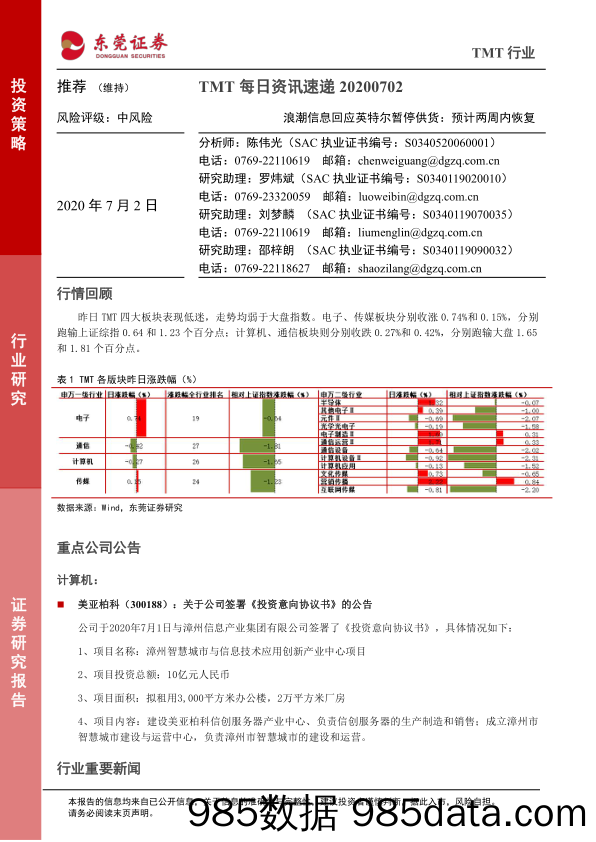 2020-07-02_策略报告_TMT每日资讯速递：浪潮信息回应英特尔暂停供货：预计两周内恢复_东莞证券