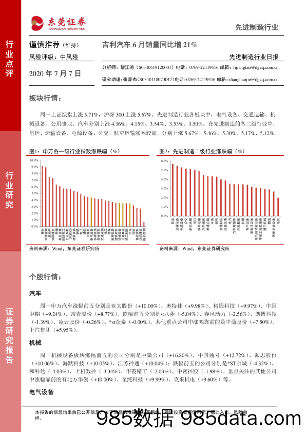 2020-07-07_策略报告_先进制造行业日报：吉利汽车6月销量同比增21%_东莞证券