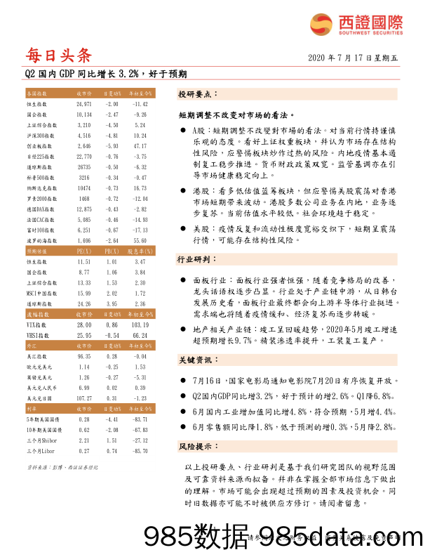 2020-07-17_策略报告_每日头条：Q2国内GDP同比增长3.2%，好于预期_西证国际证券