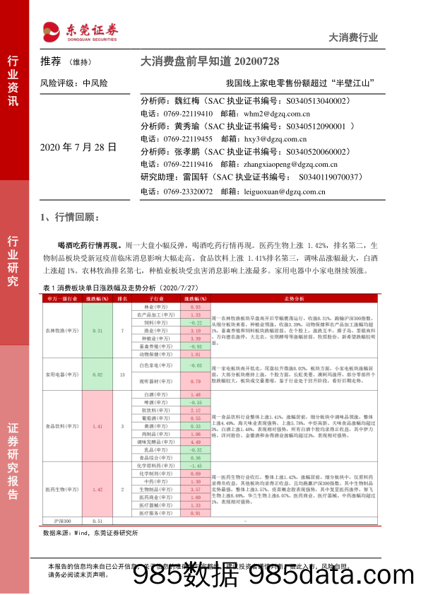 2020-07-28_策略报告_大消费盘前早知道：我国线上家电零售份额超过“半壁江山”_东莞证券