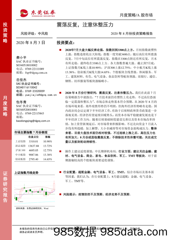 2020-08-04_策略报告_2020年8月份投资策略报告：震荡反复，注意休整压力_东莞证券