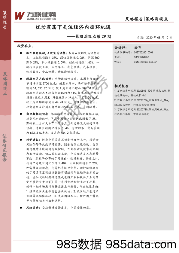 2020-08-11_策略报告_策略周观点第29期：扰动震荡下关注经济内循环机遇_万联证券