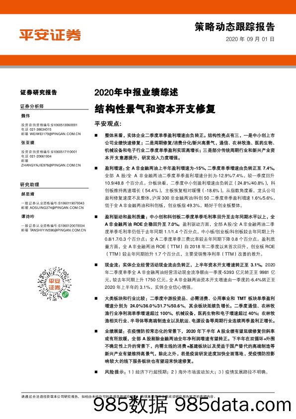 2020-09-03_策略报告_2020年中报业绩综述：结构性景气和资本开支修复_平安证券