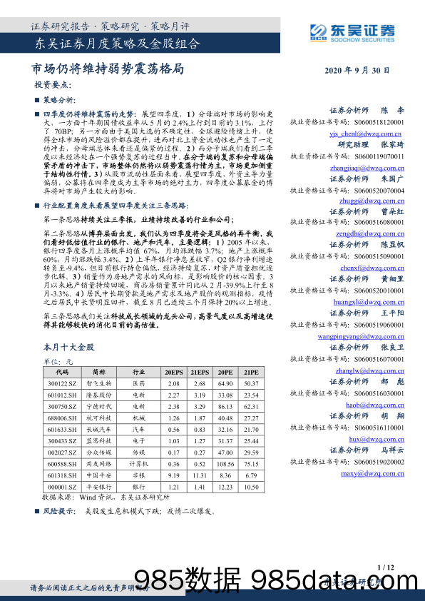 2020-09-30_策略报告_月度策略及金股组合：市场仍将维持弱势震荡格局_东吴证券