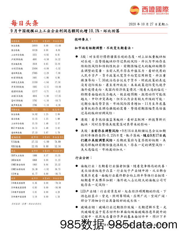 2020-10-27_策略报告_每日头条：9月中国规模以上工业企业利润总额同比增10.1%，环比回落_西证国际证券