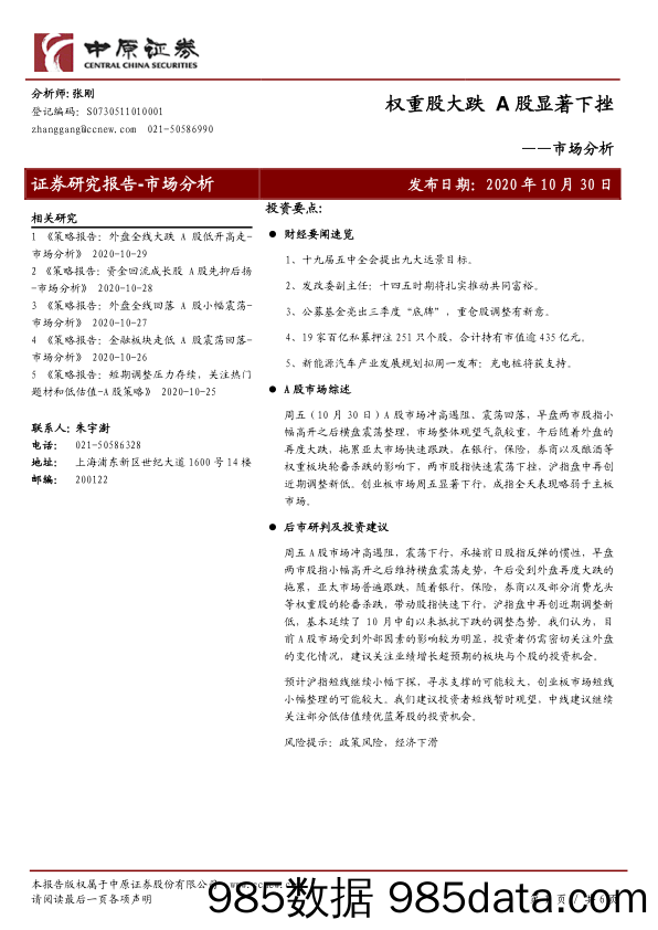 2020-11-03_策略报告_市场分析：权重股大跌 A股显著下挫_中原证券插图