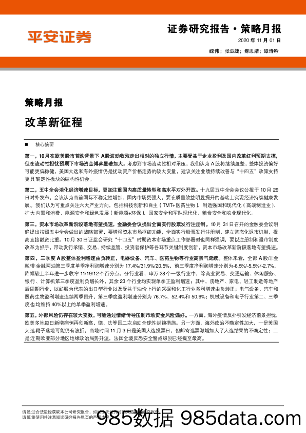 2020-11-03_策略报告_策略月报：改革新征程_平安证券