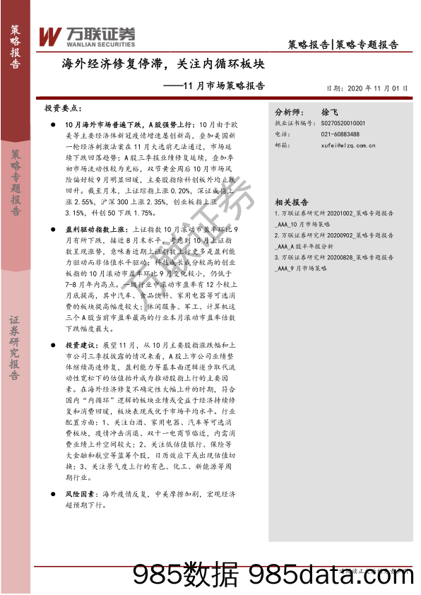 2020-11-03_策略报告_11月市场策略报告：海外经济修复停滞，关注内循环板块_万联证券