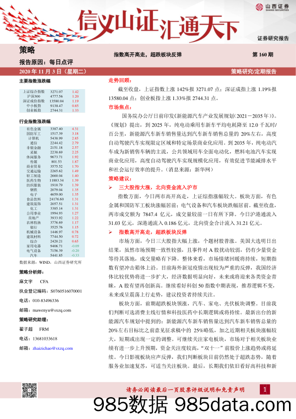 2020-11-04_策略报告_每日点评第160期：指数高开高走，超跌板块反弹_山西证券