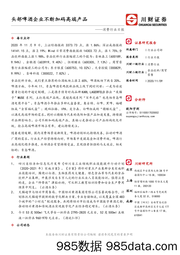 2020-11-12_策略报告_消费行业日报：头部啤酒企业不断加码高端产品_川财证券