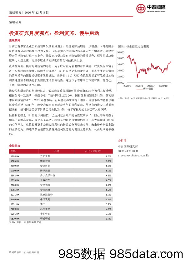 2020-12-09_策略报告_投资研究月度观点：盈利复苏，慢牛启动_中泰国际证券