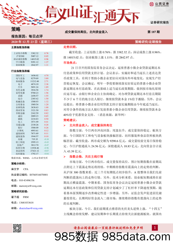 2020-12-23_策略报告_每日点评第187期：成交量保持高位，北向资金流入_山西证券