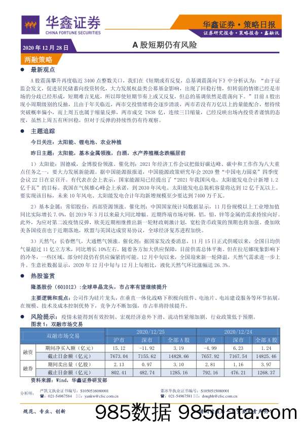 2020-12-28_策略报告_策略日报：A股短期仍有风险_华鑫证券