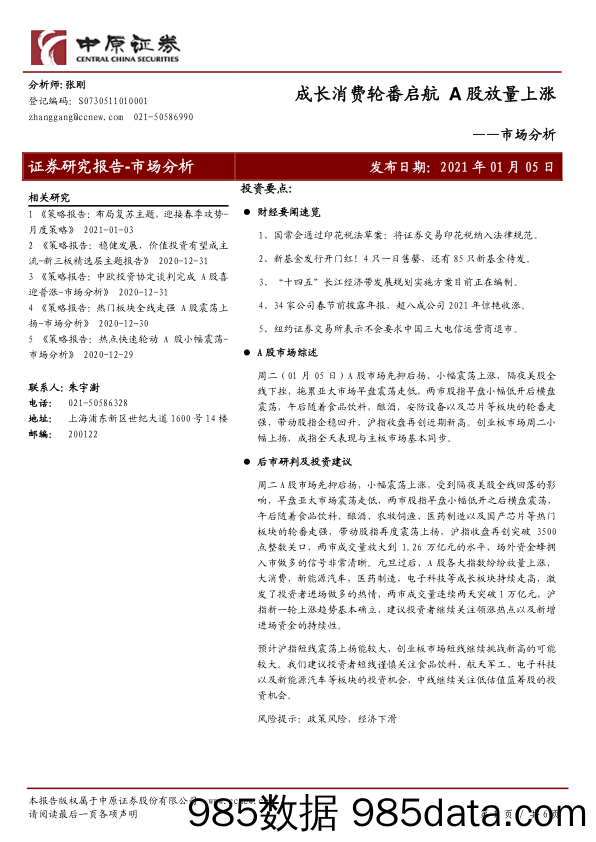 2021-01-05_策略报告_市场分析：成长消费轮番启航A股放量上涨_中原证券