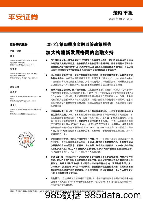 2021-01-06_策略报告_2020年第四季度金融监管政策报告：加大构建新发展格局的金融支持_平安证券